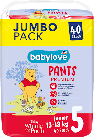 Pannolini a mutandina premium, taglia 5 Junior, (13 - 18 kg), Jumbo Pack babylove