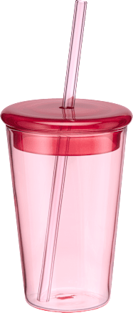Trinkbecher mit Deckel und Strohhalm aus Glas, rosa/rot (400 ml) dm home