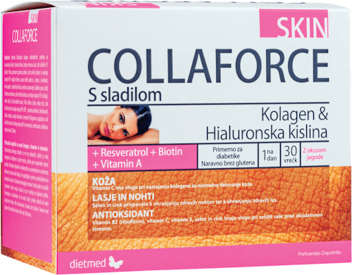 Prehransko dopolnilo Skin Collaforce s kolagenom in hialuronsko kislino, z okusom jagode dietmed