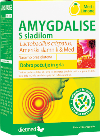Žvečljive tablete za dobro počutje nosu in grla Amygdalise, med & limona dietmed