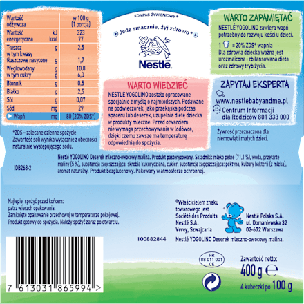 Deser mleczny malina Yogolino, po 6 miesiącu (4 x 100 g) Nestlé