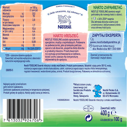 Deser mleczny waniliowy Yogolino, po 6 miesiącu (4x100g) Nestlé