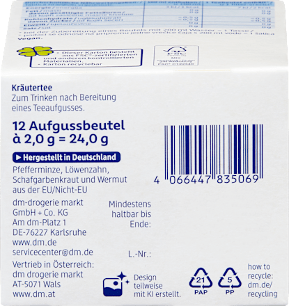Kräutertee, Bitterstoff Tee (12 Beutel) Mivolis