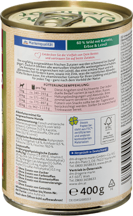 Nassfutter Hund 60% Wild mit Karotten, Naturverliebt Dein Bestes