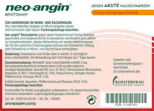 neo-angin 2,68 mg Benzydamin gegen akute Halsschmerz Honig-Orange neo-angin