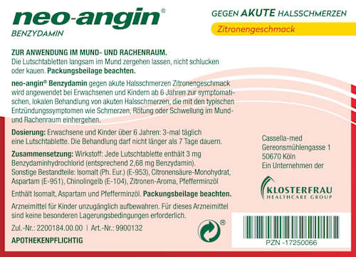 neo-angin 2,68 mg Benzydamin gegen akute Halsschmerzen Lutschtabletten Zitrone neo-angin