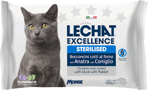 Multi pakiranje mokre hrane za sterilizirane mačke Raca + Zajec, 4x100 g LECHAT EXCELLENCE