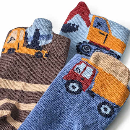 Socken mit Baustellen-3D-Motiven, blau + braun, Gr. 19/22 ALANA