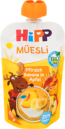 Bio bébidesszert őszibarack- banán-alma gyümölcspüré müzlivel, 1 éves kortól HiPP