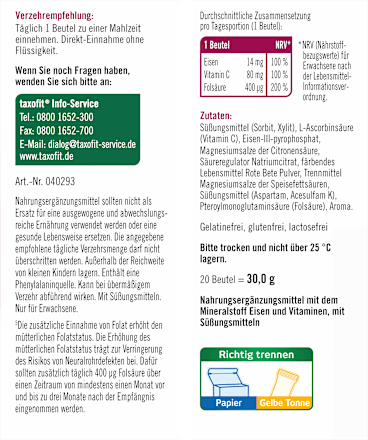 Eisen + Folsäure + Vitamin C direkt Granulat (20 Stück) taxofit