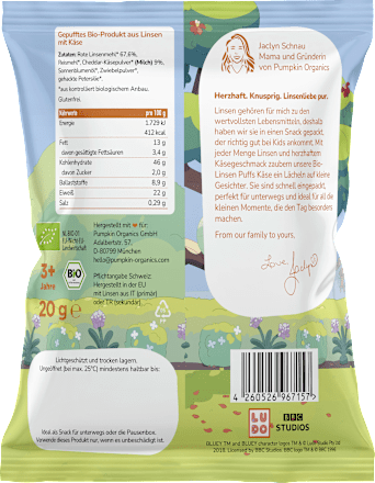 Kindersnack Bio Linsen Puffs Käse Bluey ab 3 Jahren pumpkin organics
