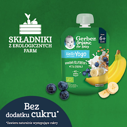 Mus owocowy banany, jagody z jogurtem i płatkami zbóż po 6. miesiącu życia Gerber Organic