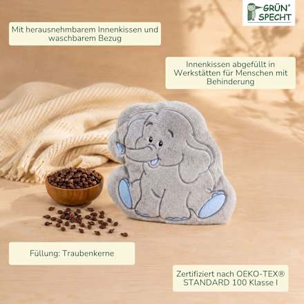 Traubenkern-Kissen Wärmezoo mit Bezug, Elefant  Grünspecht