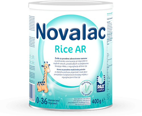 Hrana na bazi hidrolizata rižinih bjelančevina za dojenčad i malu djecu Rice AR, 0 – 36 mj. Novalac