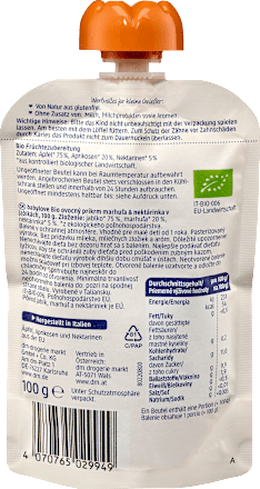 bio příkrm v sáčku jablko, meruňka & nektarinka babylove