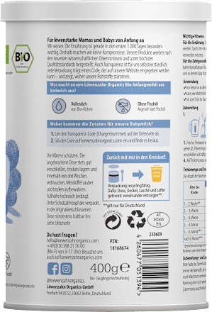 Anfangsmilch Pre auf Vollmilchbasis, von Geburt an Löwenzahn Organics