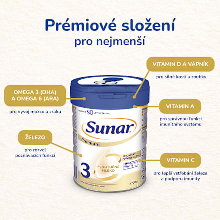 pokračovací mléčná kojenecká výživa Premium HMO 3, 12m Sunar