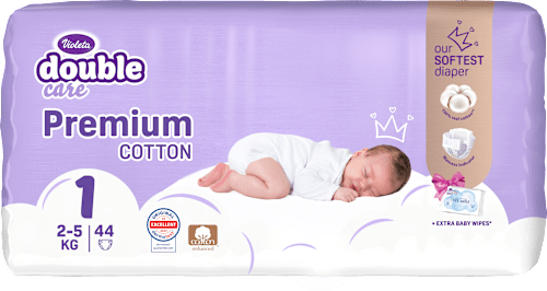 Pelene za novorođenčad Double Care Premium + vlažne maramice 20 kom., vel. 1 (od 2 do 5 kg) Violeta