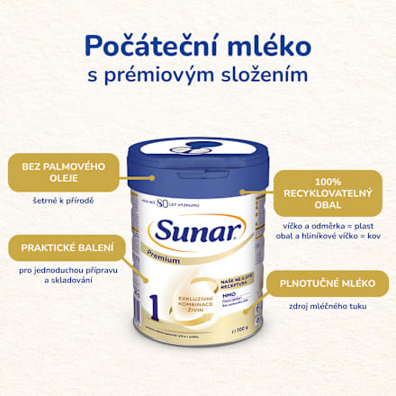počáteční mléčná kojenecká výživa Premium HMO 1, 0m Sunar