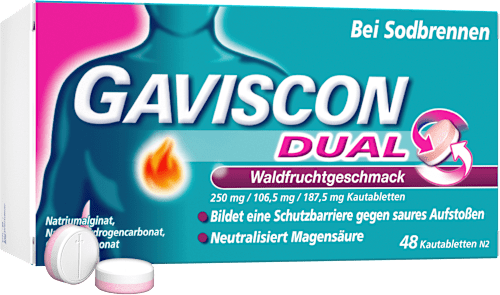 GAVISCON Dual Waldfrucht 250 mg, 106,5 mg, 187,5 mg Kautabletten GAVISCON