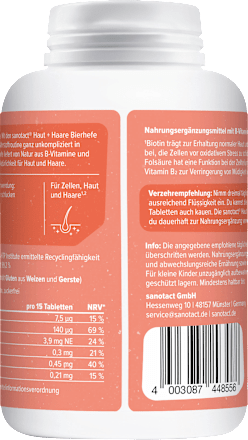 Haut + Haare Bierhefe Tabletten 450 St sanotact