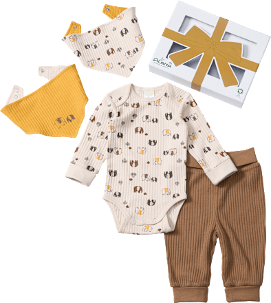 Geschenkbox mit Body & Hose mit Mitwachsfunktion und Halstüchern, beige, Gr. 62/68 ALANA