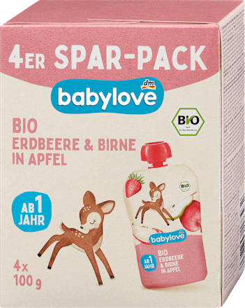 bio ovocný příkrm v sáčku jablko, hruška & jahoda, 4 x 100 g babylove