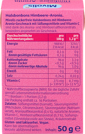 Málna és fekete berkenye ízű, cukormentes torokcukorka édesítőszerekkel és C-vitaminnal Mivolis