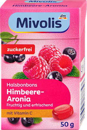 Málna és fekete berkenye ízű, cukormentes torokcukorka édesítőszerekkel és C-vitaminnal Mivolis