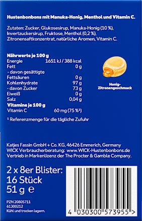 Hustenbonbons Manuka-Honig + Vitamin C & Menthol 16 St WICK