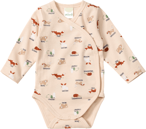 Wickelbody Langarm mit Waldtier-Muster, beige, Gr. 50/56 ALANA