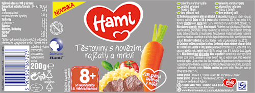 příkrm Těstoviny s hovězím, rajčaty a mrkví Hami
