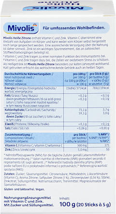Vrući limun, prah, dodatak ishrani s vitaminom C i cinkom, sa šećerom i sladilom, 20 vrećica Mivolis