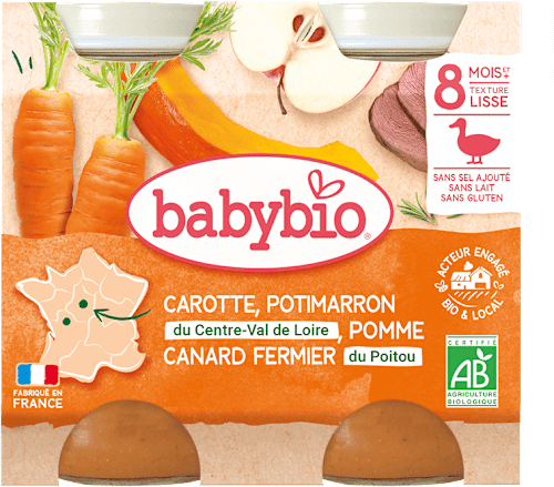 bio příkrm dýně, mrkev a jablko s kachním masem 2x200 g babybio