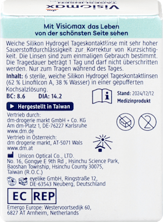 Silikon-Hydrogel Tageslinsen Dioptrie -2,00 (6x6 Stück), Vorteilspack Visiomax
