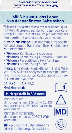 Silikon-Hydrogel Monatslinse Dioptrie -0,75 (6x1 Stück), Vorteilspack Visiomax