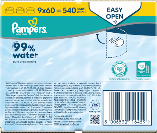 Vlhčené utierky 99% water 9 x 60 Pampers baby-dry