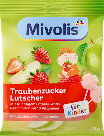  Lízanky z hroznového cukru s 10 vitamínmi, príchuť jahoda & jablko, 10 lízaniek × 7,5 g Mivolis