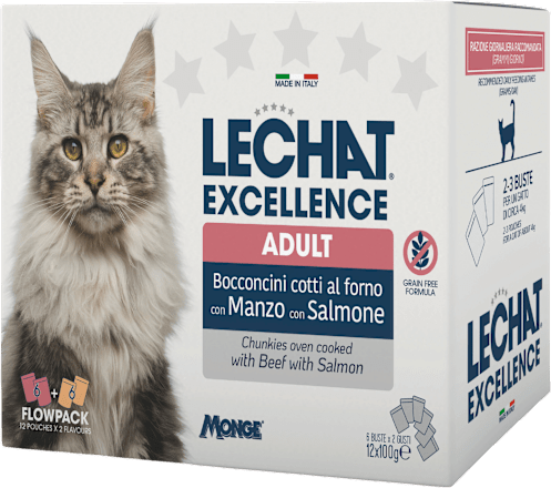 Multi pakiranje mokre hrane za odrasle mačke Govedina + Losos, 12x100 g LECHAT EXCELLENCE