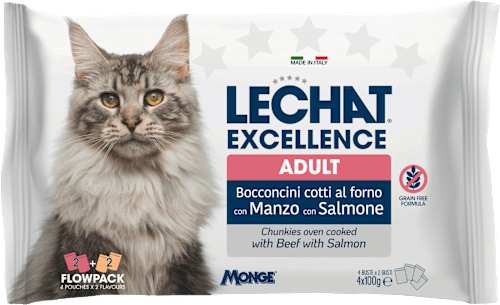 Multi pakiranje mokre hrane za odrasle mačke Govedina + Losos, 4x100 g LECHAT EXCELLENCE