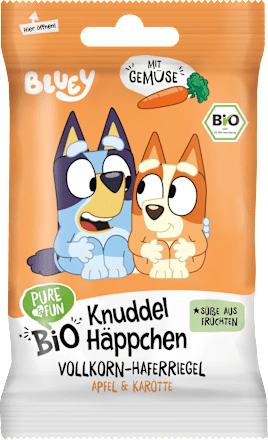 Kindersnack Knuddel Häppchen Vollkorn-Haferriegel Apfel & Karotte Bluey PURE & FUN