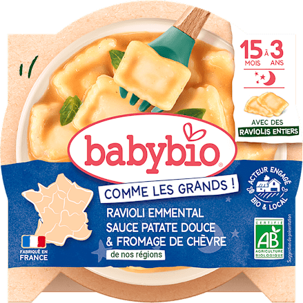ravioli s ementálem, pyré ze sladkých brambor a francouzský kozí sýr babybio