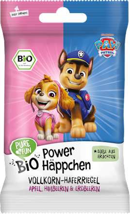 Kindersnack Power Häppchen Vollkorn-Haferriegel Apfel, Himbeeren und Erdbeeren ab 12 Monaten PURE & FUN