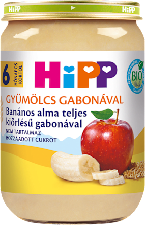 Bio bébidesszert, banános alma teljes kiőrlésű gabonával, 6 hónapos kortól HiPP