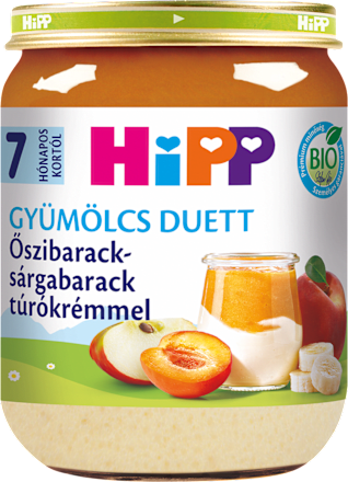 Bio bébidesszert őszibarack - sárgabarack-túrókrémmel, 7 hónapos kortól HiPP