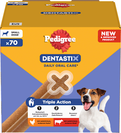 Kausnack Hund Zahnpflege DentaStix für kleine Hunde, Multipack (10x7 Stück) Pedigree