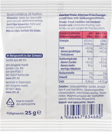 Pastilky s malinovou príchuťou Fresh Mivolis