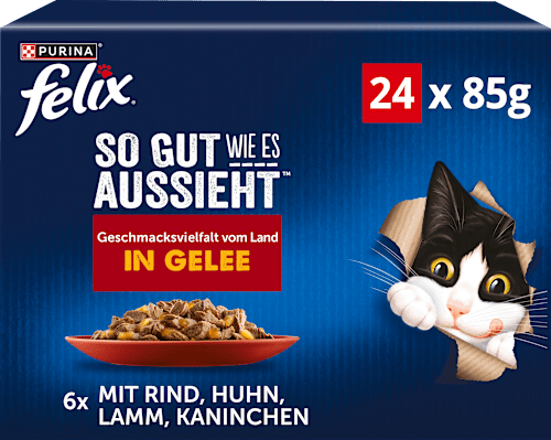 Nassfutter Katze, Geschmacksvielfalt vom Land in Gelee,Multipack (24x85 g) Felix