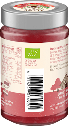Fruchtaufstrich Erdbeere + Rhabarber Frucht Pur 75% ALLOS
