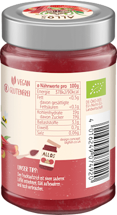 Fruchtaufstrich, Frucht Pur Erdbeere & Rhabarber 75% Frucht ALLOS